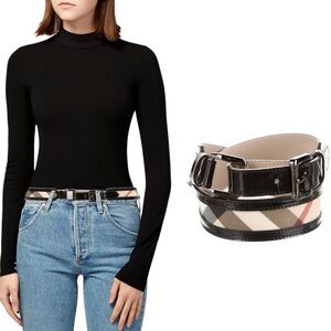 Burberry Check Belt Black Patent Trim & Silver Hardware 32/80